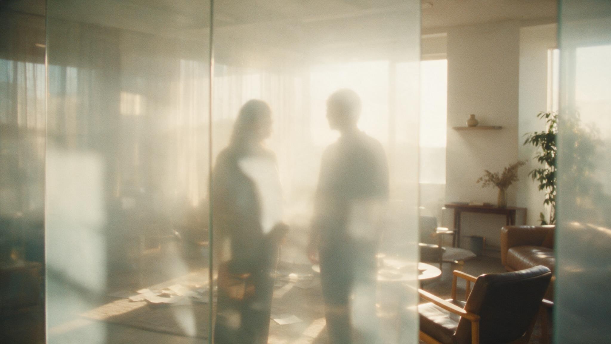 Two people talking in a sunlit room, seen as soft silhouettes through a frosted glass partition.