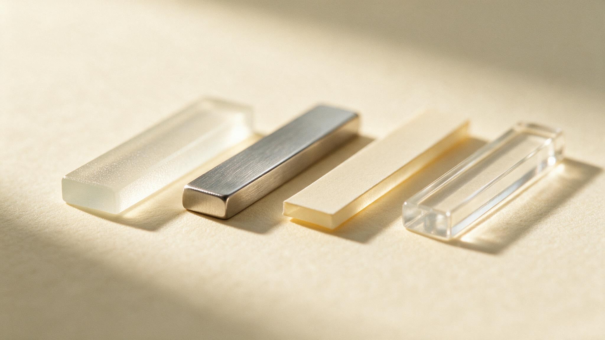 Four flat bars of different materials lying side by side on warm cream paper, frosted glass, brushed steel, pale card and clear acrylic, each catching the same raking light differently.